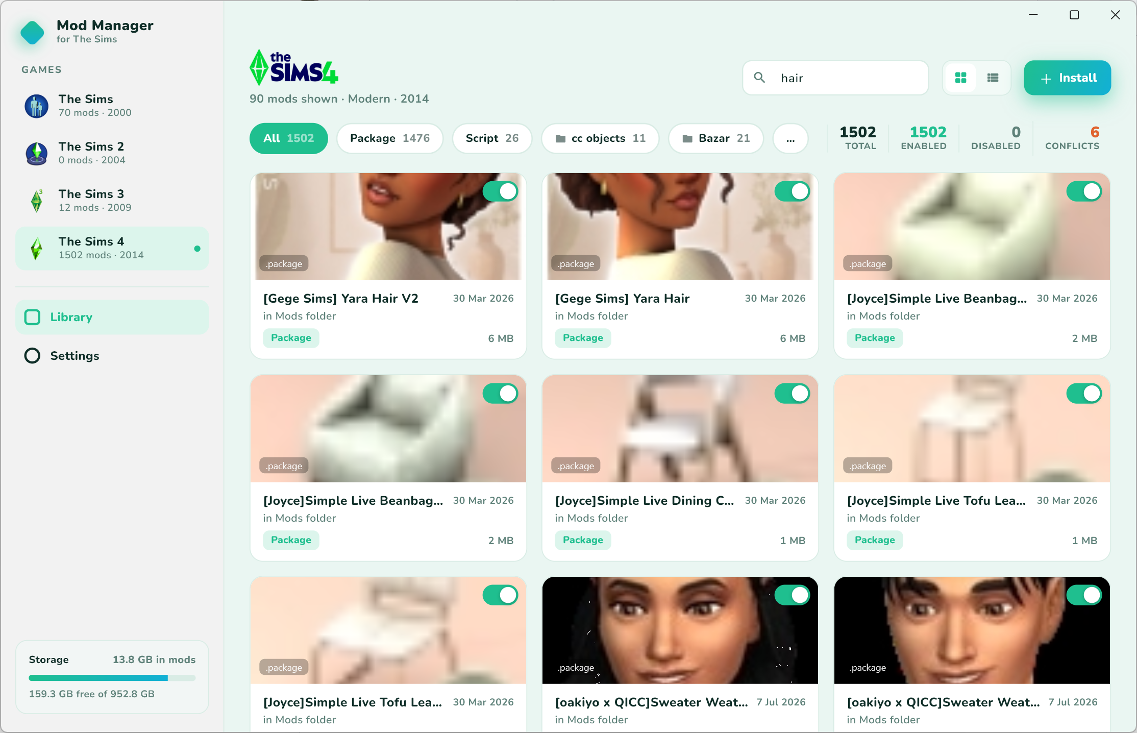 The Sims Mod Manager showing a Sims 4 mod library with thumbnails, categories and enable/disable toggles