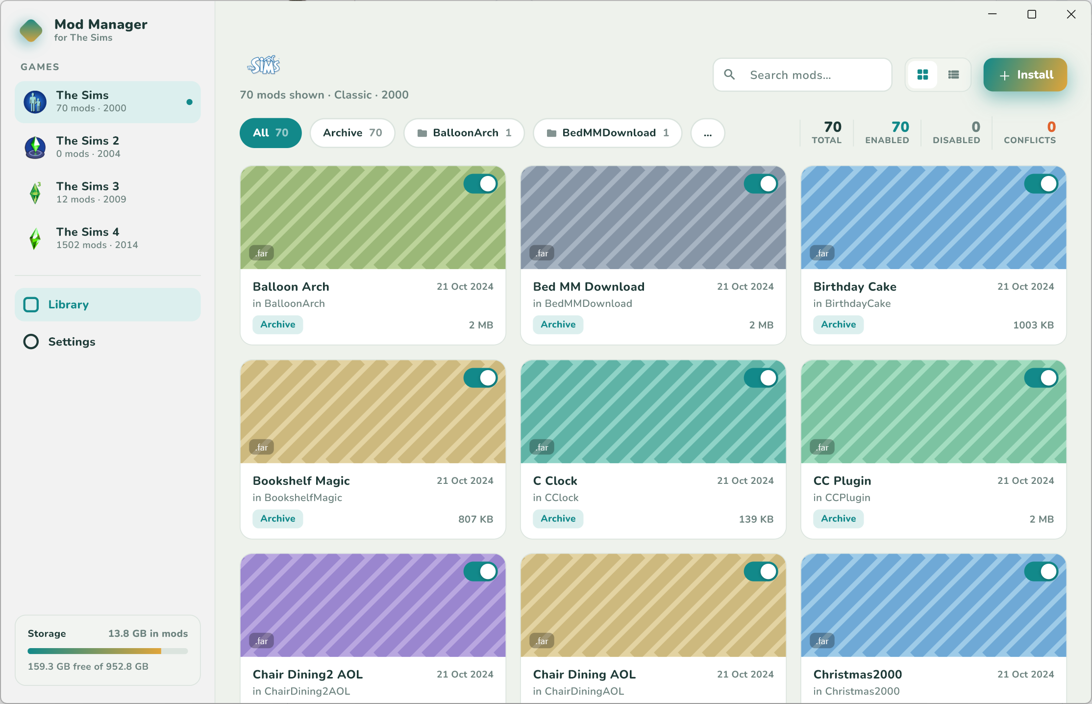 The Sims Mod Manager managing The Sims 1 with the classic teal-and-gold theme