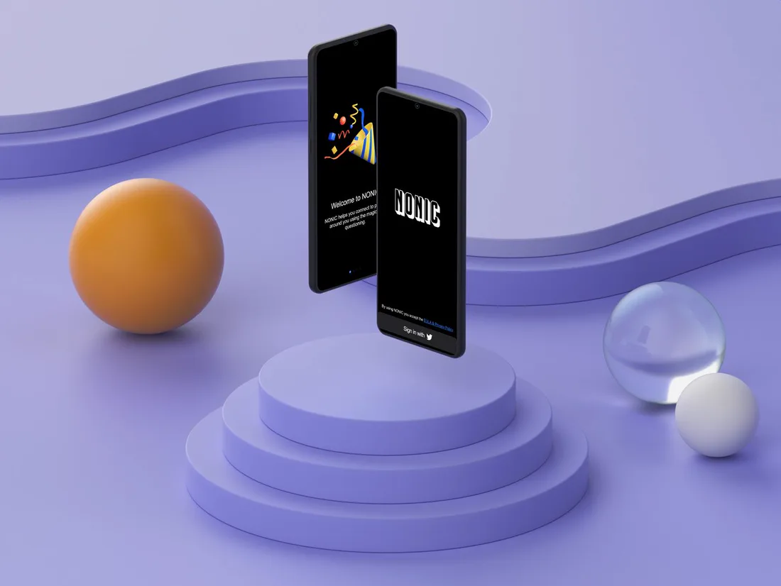 NONIC Network welcome and sign-in screens on two phones
