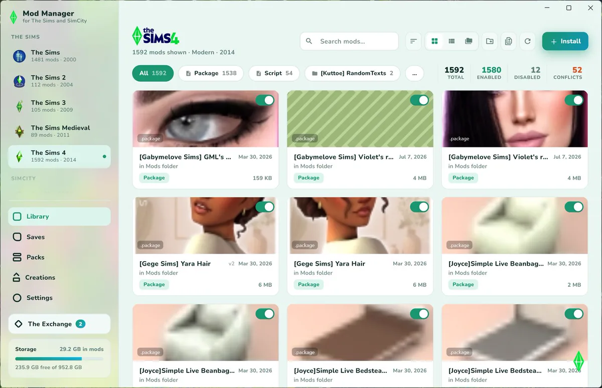 Mod library in The Sims 4 skin